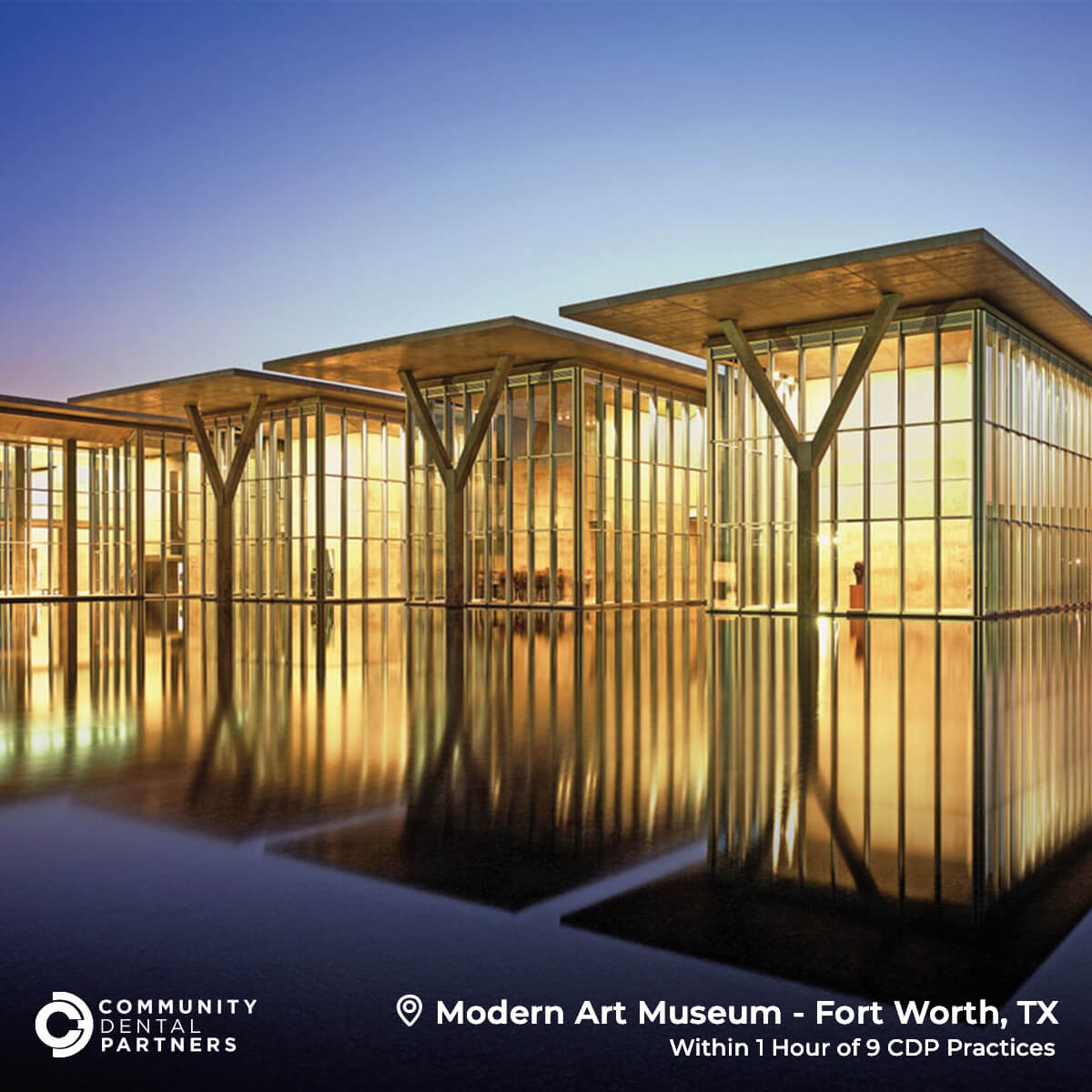 A photo of the Modern Art Museum in Fort Worth, Texas, located within 1 hour of 9 CDP practices.